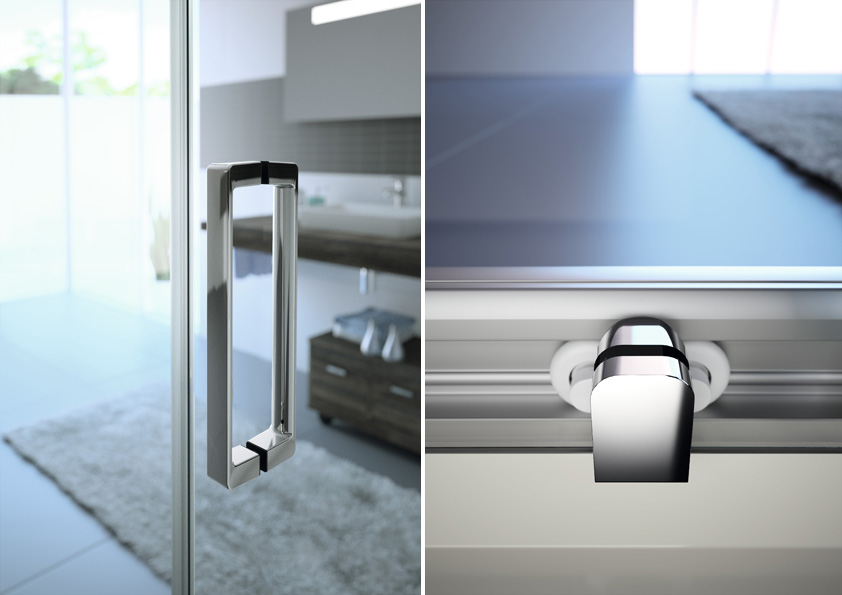 Madlo sprchového koutu je ergonomicky upravené pro snadné otevírání dveří.<br /> Pojezdy sprchového koutu jsou schované tak, aby nerušily elegantní vzhled zástěny.