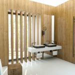 V tomto případě se architekt snažil zachovat intimitu v koupelně a využil dřevěný obklad, který v části okna proměnil na "žaluzie".