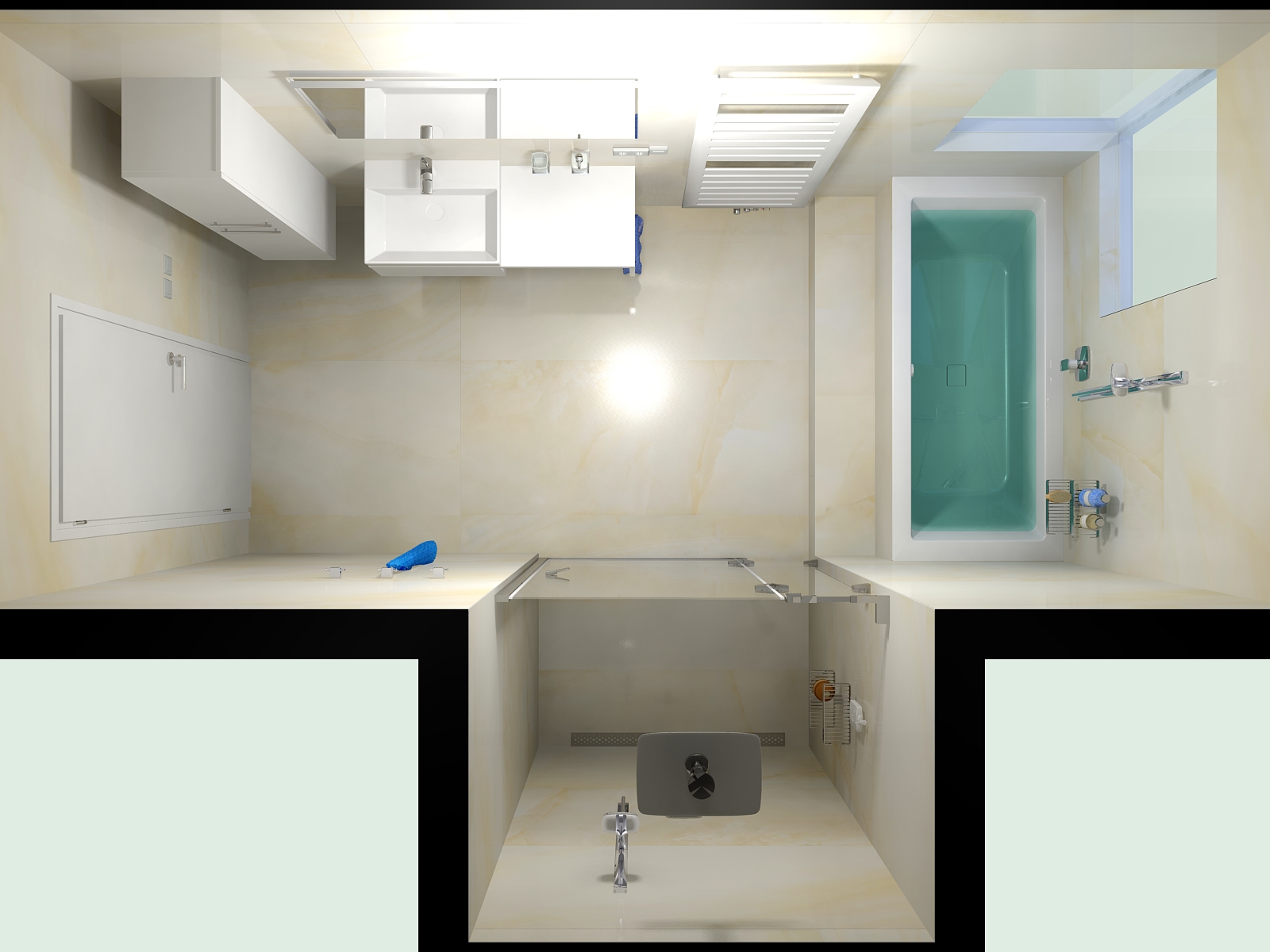 Vítězná koupelna, návrh Roman Běloubek, JOPA MB, Mladá Boleslav. Koupelna s designovým radiátorem Zehnder Metropolitan Spa, bílá RAL 9016